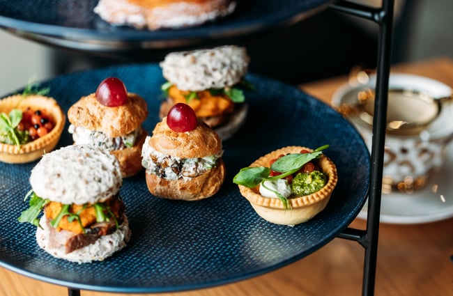 Plate of savoury treats on the tiered tray at Country Road High Tea.