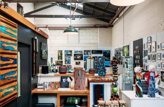 Overview of Crafted Gallery in Ōamaru filled with an eclectic mix of jewellery, art and sculptures