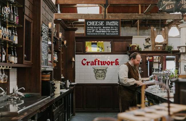 Looking into behind the bar at the Craftwork Brewery in Oamaru.