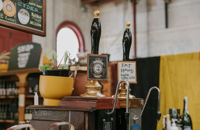 Two different vintage brewery taps with a yellow pot plant next to them.