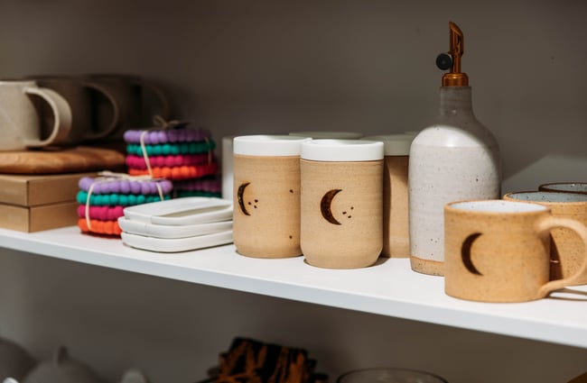 Ceramics on a shelf at Cre8iveworx.