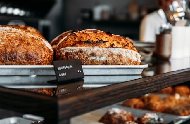 Sourdough loaf on display on top of the cabinet at Crumb.