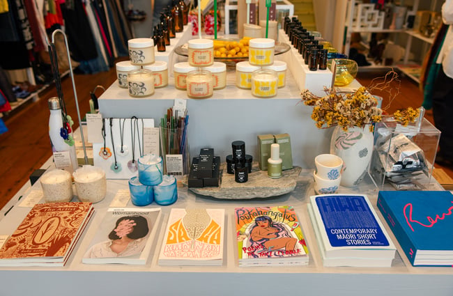 Books, jewellery, candles on display in Crushes.