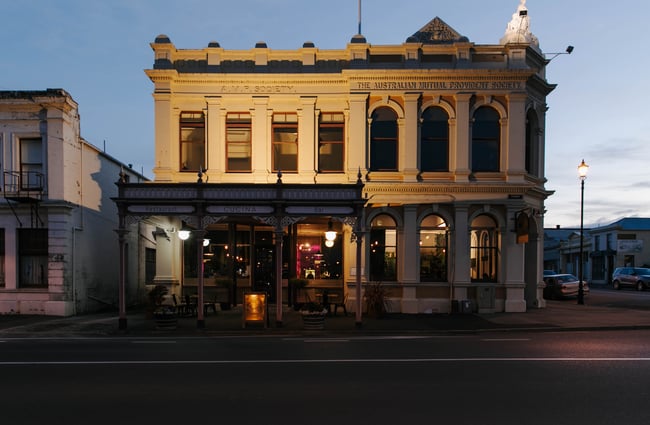 Exterior view of Cucina at dusk in Ōamaru.