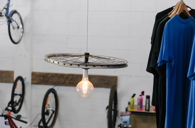 Light fitting made from old bike wheel at Cycle Ventures in Waitaki.
