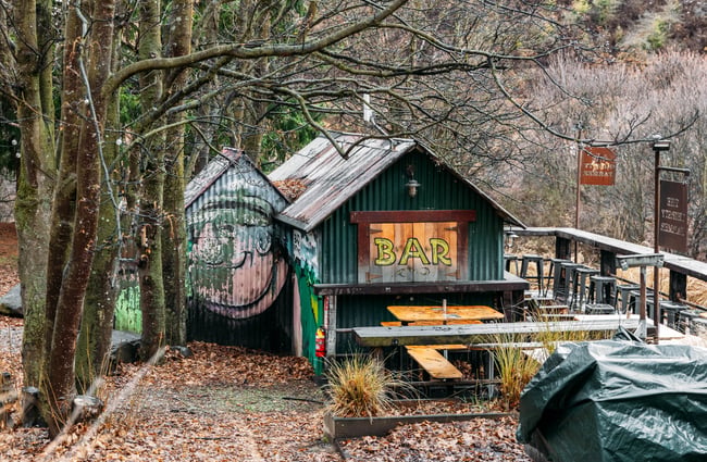 A corrugated iron hut.