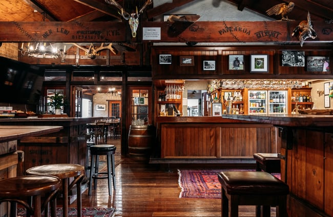 The wooden interior of Danseys Pass Hotel Central Otago.