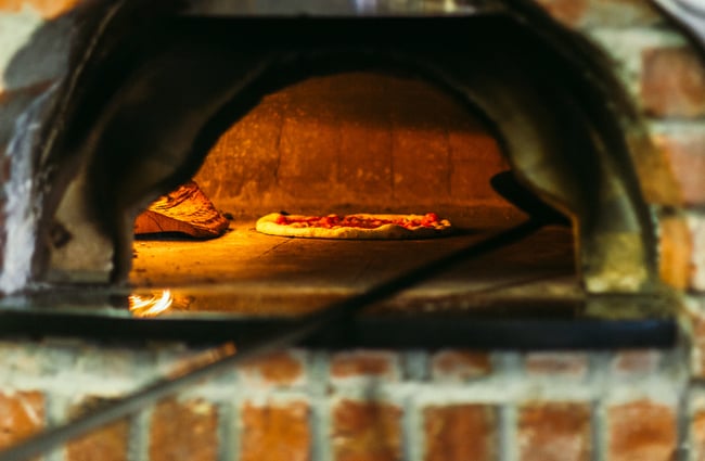 Pizza in oven.