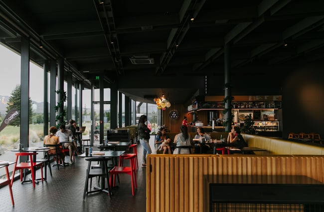 Restaurant area with booth seating at Dark Sky Diner, Tekapo.