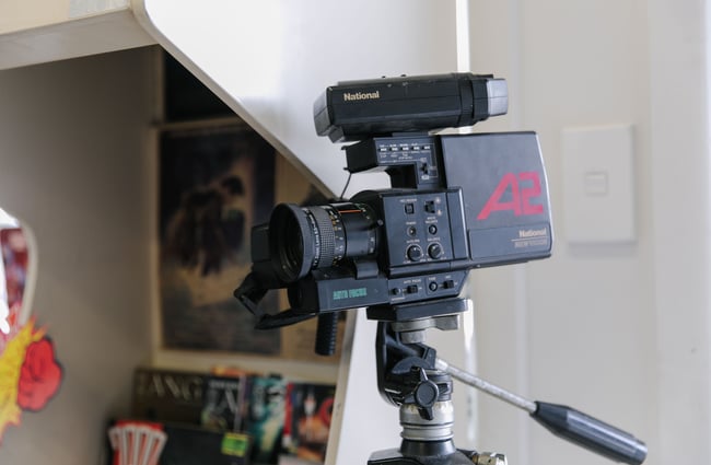 Close up of camcorder on a tripod at Dead Video in Lyttelton.