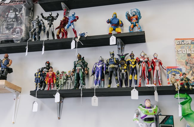 Vintage figurines on a shelf at Dead Video in Lyttelton.