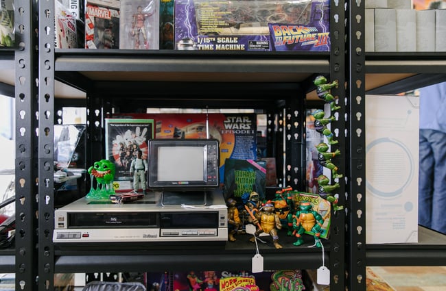 Old VHS player and teenage ninja hero turtle figures at Dead Video in Lyttelton.