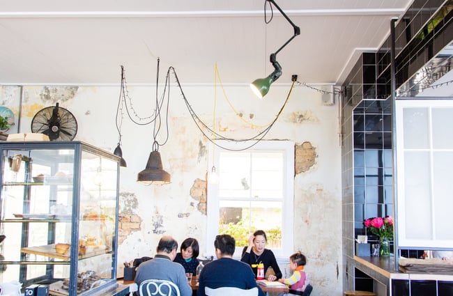 Hanging lights inside the cafe.