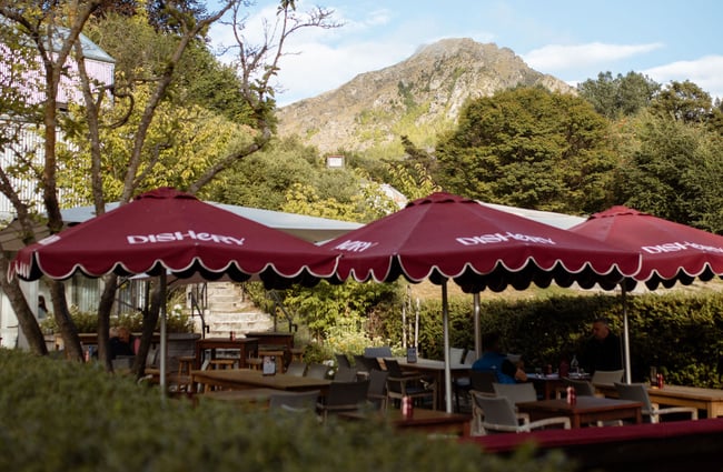 Umbrellas in courtyard area at Dishery in Arrowtown Queenstown
