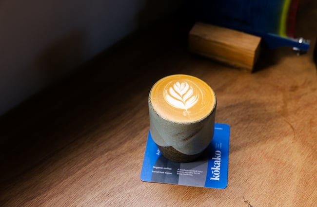 Coffee on the table at Drop In Surf & Supply.
