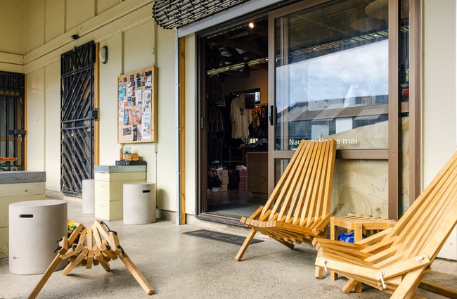 Outdoor seating at Drop In Surf & Supply.