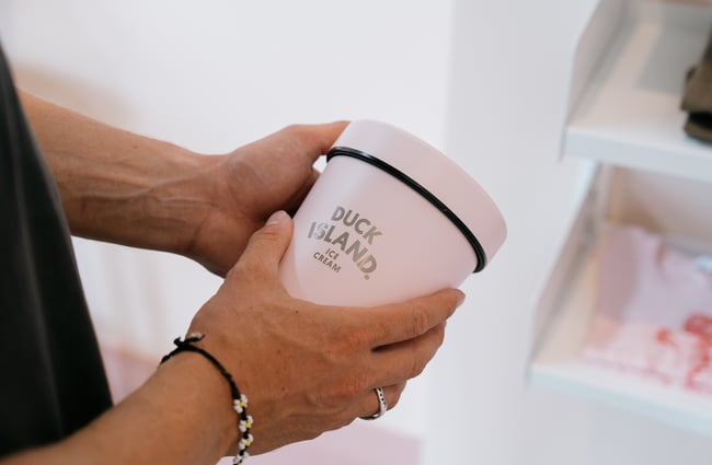 Close up of Duck Island ice cream tub from their Christchurch store