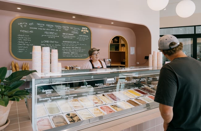 Close up of ice cream cabinet at Duck Island on High Street in Christchurch