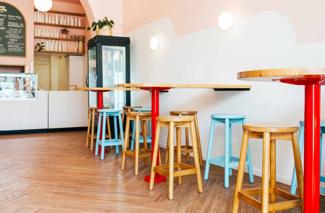 Colourful seating stools.