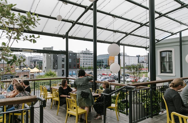 Upstairs deck area at Dux Central, Christchurch.