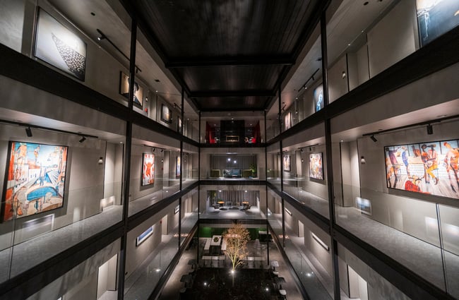 Interior view of the concrete and artworks in the atrium at Ebb, Dunedin.