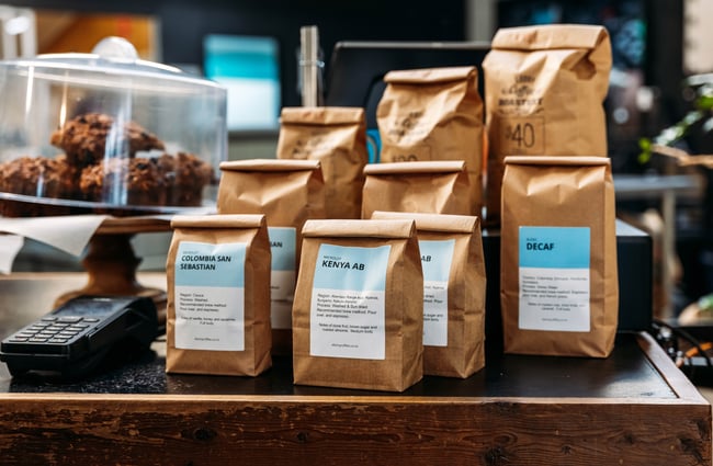 A bag of coffee beans on the counter at Ebony Coffee Roasters.