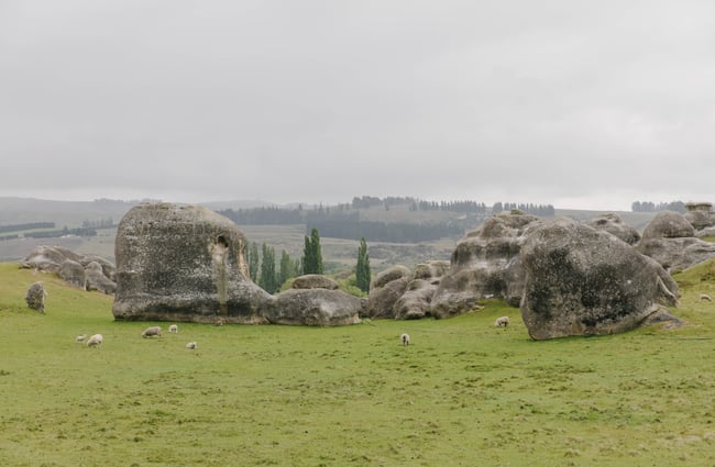 View of Elephant Rocks in the Waitaki Whitestone Geopark.
