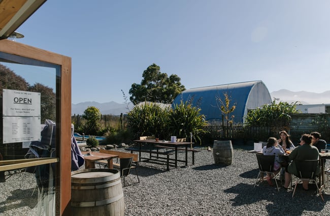 View of the mountains from Emporium Brewing beer garden in Kaikōura.