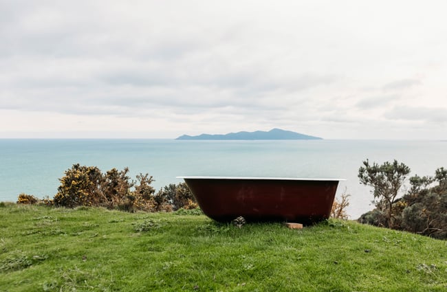 A clawfoot bath on grass looking out towards the ocean.