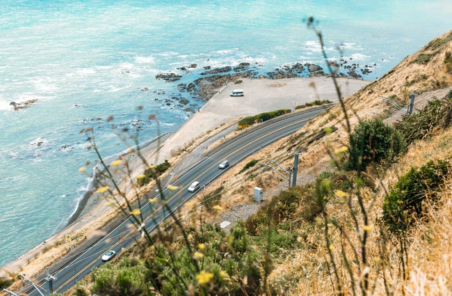 View of the sea and shore below.