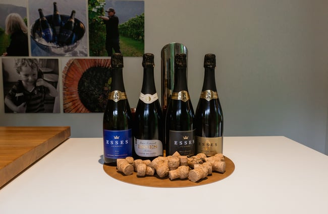 Bottles of wines lined up on a table.