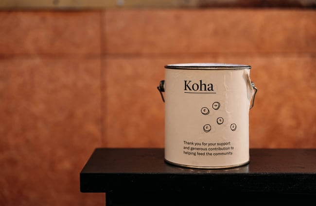Koha tin for donations at Everybody Eats.