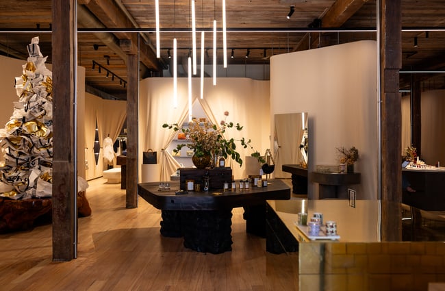 Overview of interior of luxury retail shop Faradays in Parnell with modern art installations in between shelves of perfume and racks of high-end fashion
