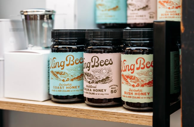 A close up of honey jars at Fat Rabbit in Rangitikei.