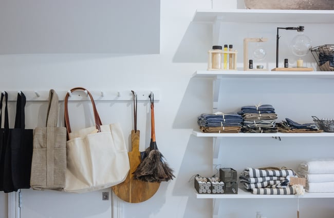 Bags and towels on display.