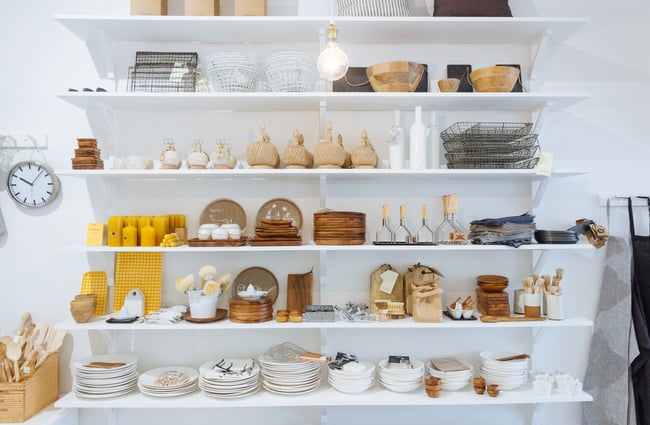 Homewares on shelves.