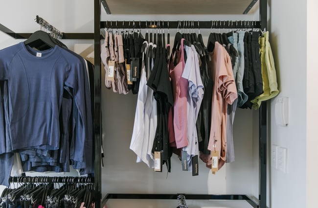 Activewear tops on display at Fearless, Wānaka.