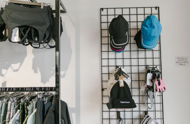 Hats and sports bras for sale at Fearless, Wānaka.