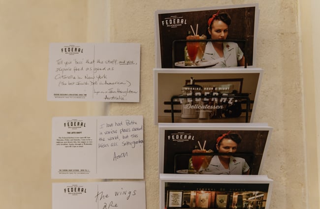 Postcards on wall.