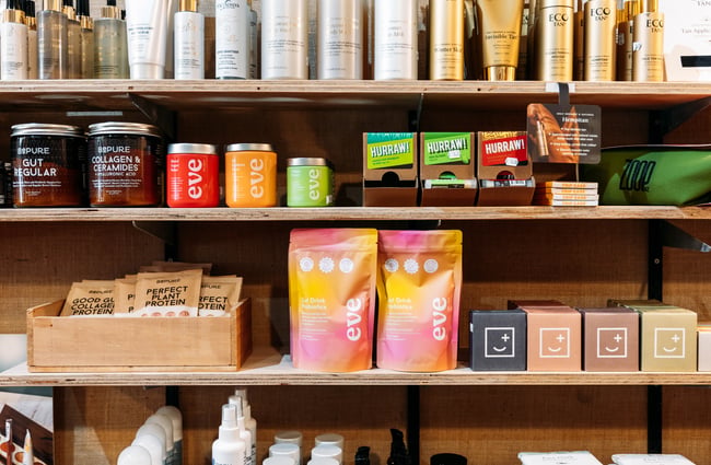 Beauty products on shelves.