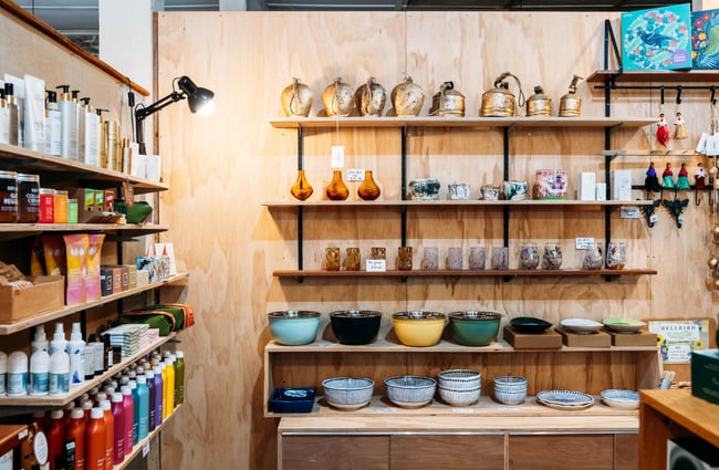 Bowls and kitchen items on shelves.
