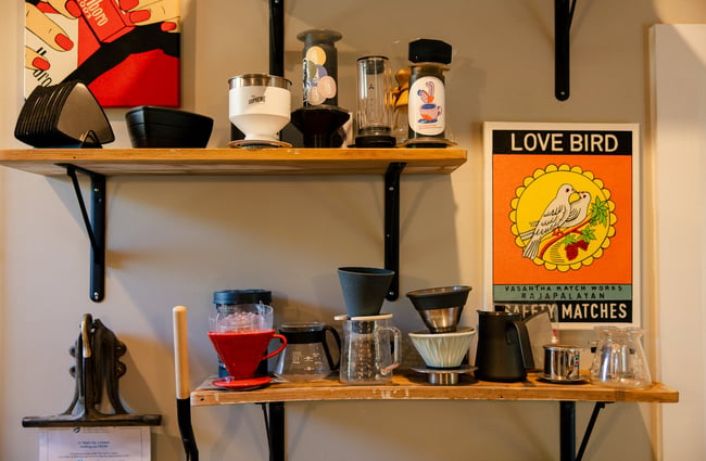 Coffee makers on the shelf at FEOH Espresso and Roastery.