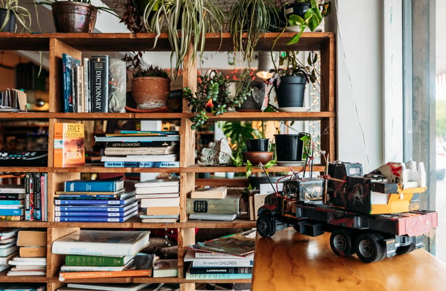 Bookshelves at Firebird Cafe.