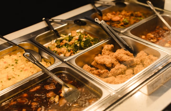 Food in buffet containers at FJ Noodles & Dumplings.
