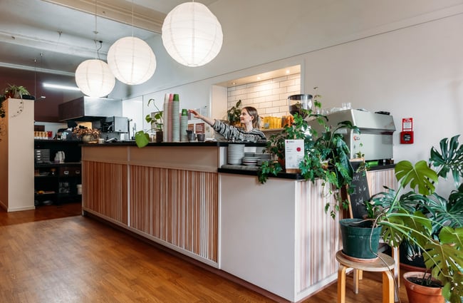 The large cafe counter inside Flagship Eatery in Gisborne.