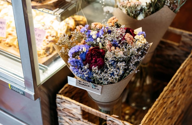 Dried flowers on display inside Floral and Feast Ranfurly Central Otago.