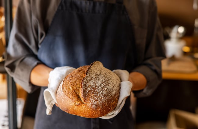 Hands holding a baked sourdough.