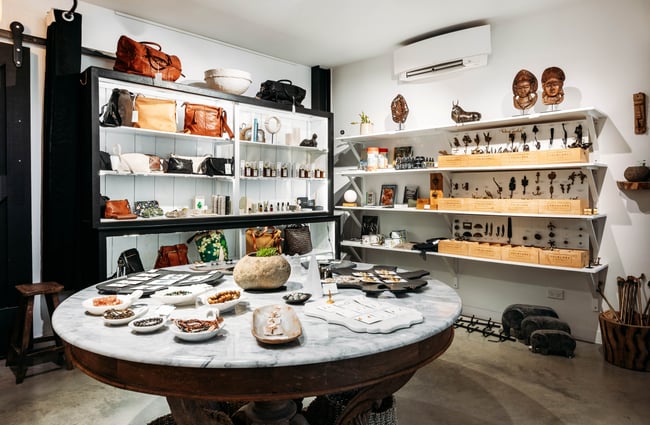 Homewares on display inside Folklore Fine Goods Clyde Central Otago.