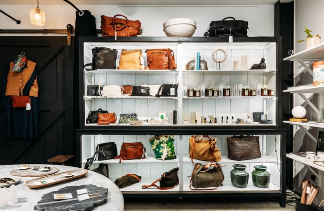 Bags on display on shelves inside a retail store.