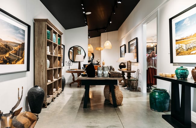 Furniture on display inside Folklore Fine Goods Clyde Central Otago.